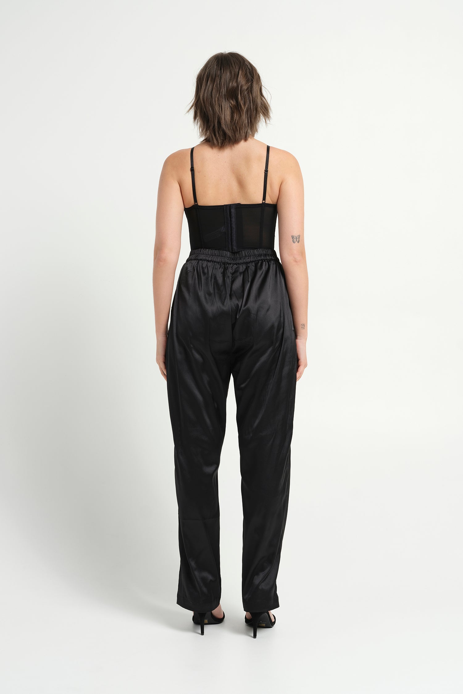 Satin Embellished Straight Leg Pants- Black