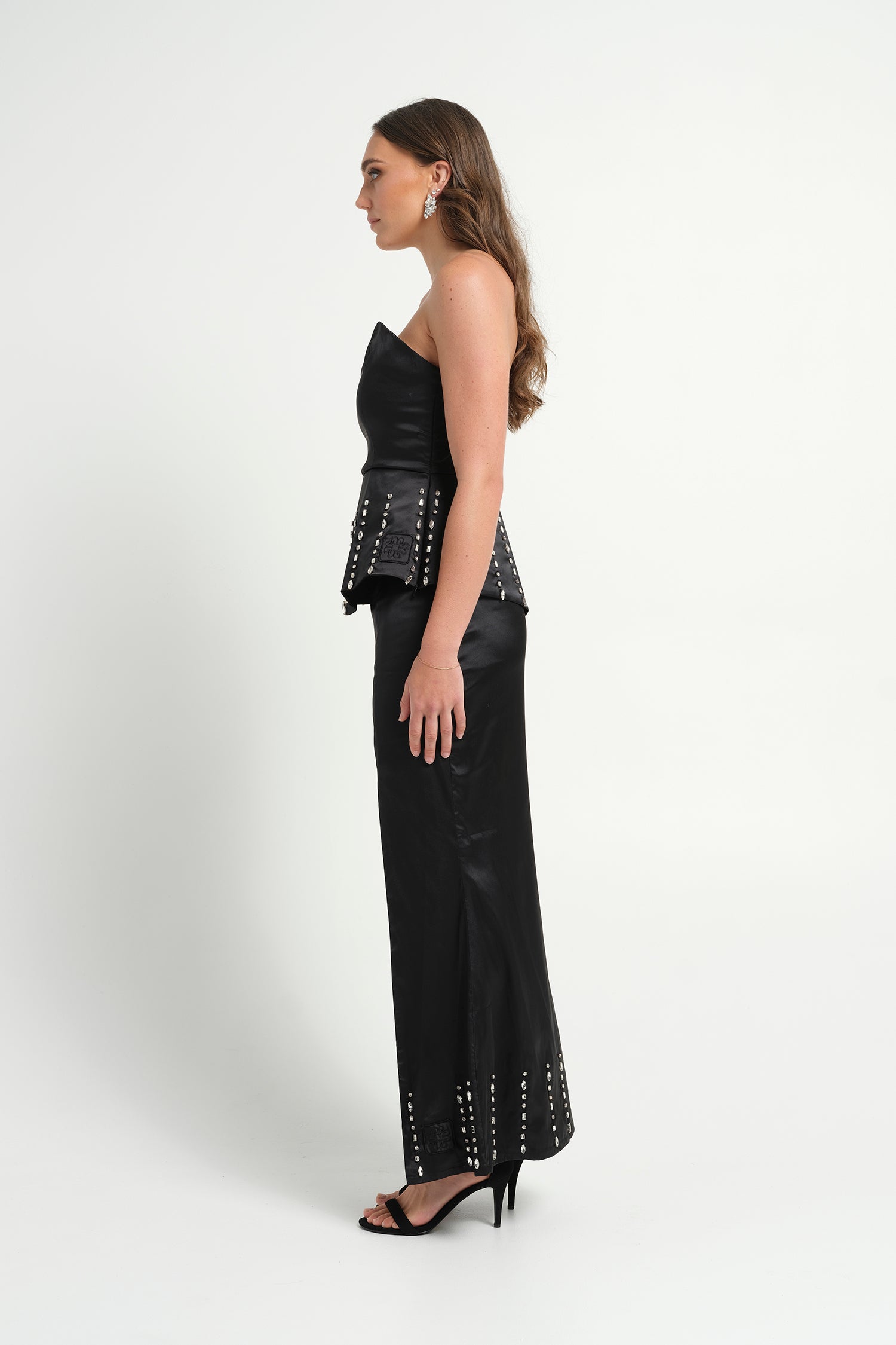 Embellished Satin Peplum Top - Black